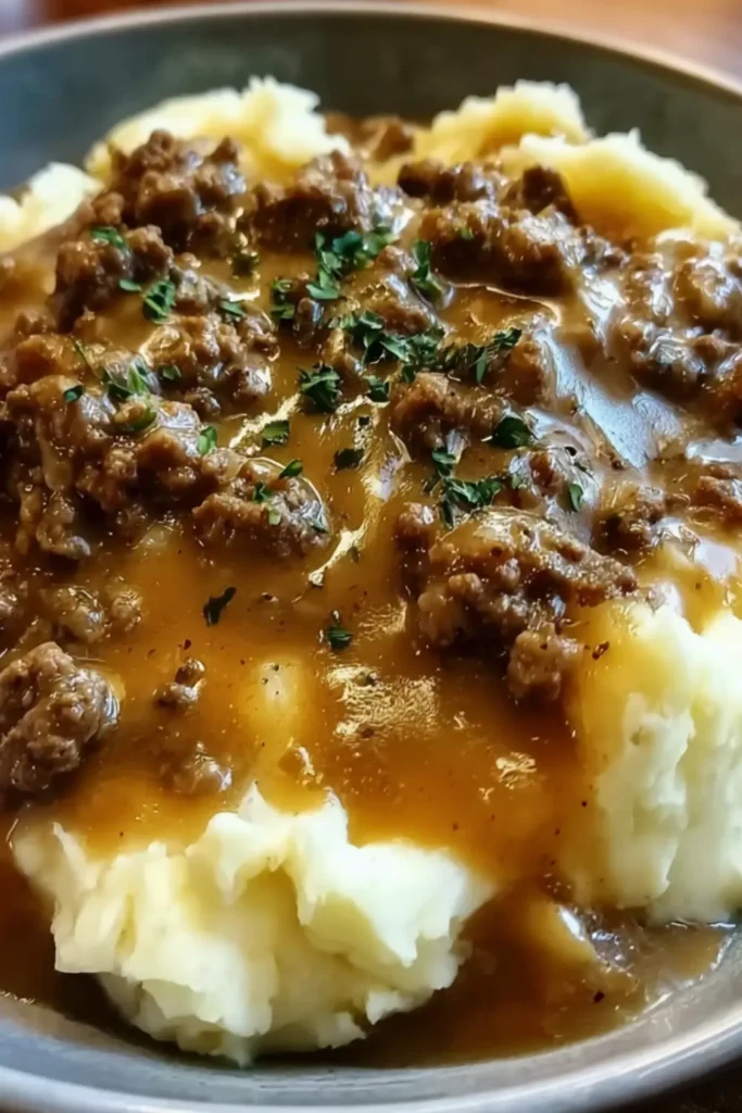 Ground Beef and Gravy Over Mashed Potatoes