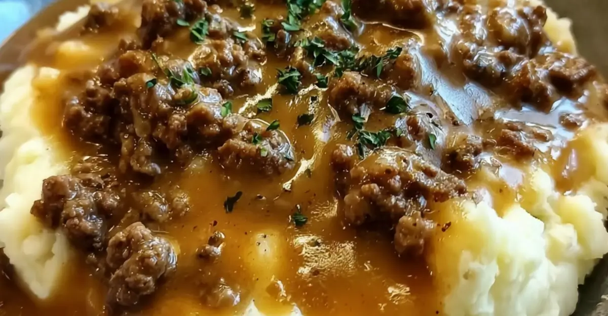 Ground Beef and Gravy Over Mashed Potatoes