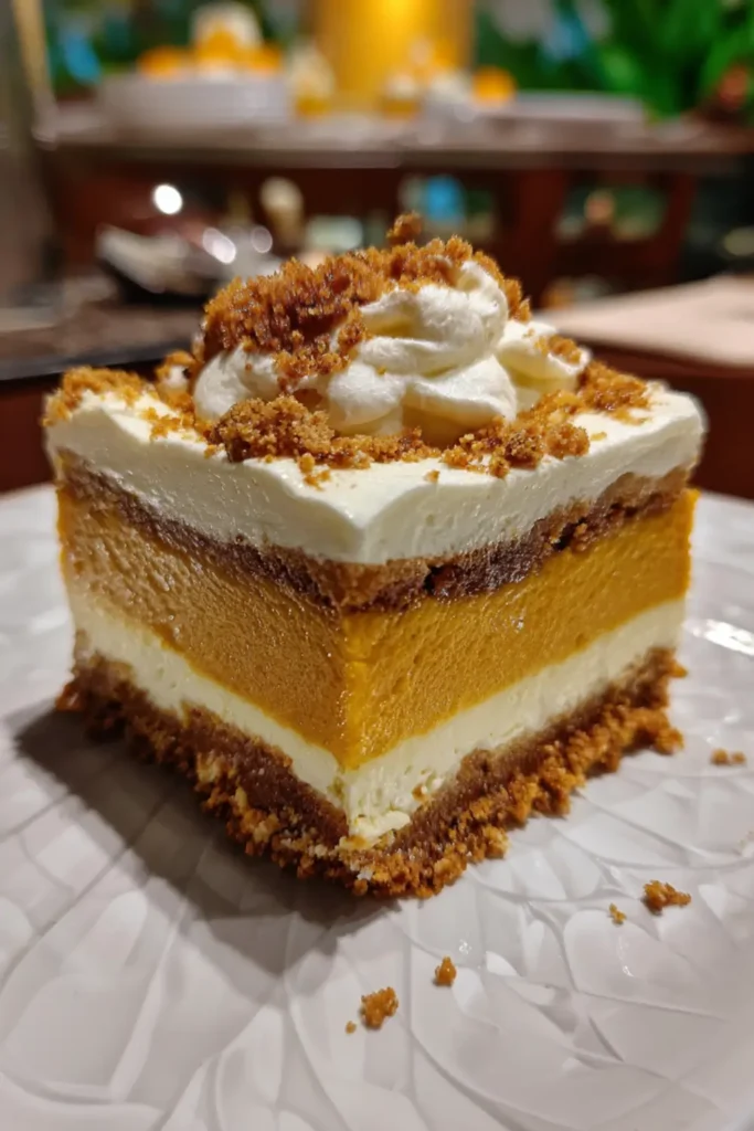 Creamy Layered Pumpkin Dessert with a Ginger Snap Crust served in a glass pan

