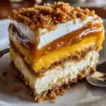 Creamy Layered Pumpkin Dessert with a Ginger Snap Crust served in a glass pan