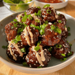 Sticky Korean BBQ Meatballs with Spicy Mayo Glaze