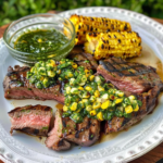 Grilled Ribeye Steaks with Chimichurri Sauce and Grilled Corn